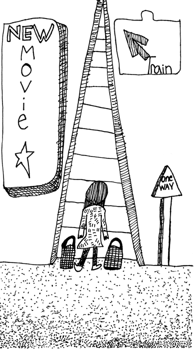 "Rivkas Daily Journey" illustration: A woman stands looking up at a long flight of stairs, a shopping bag on the floor on either side of her