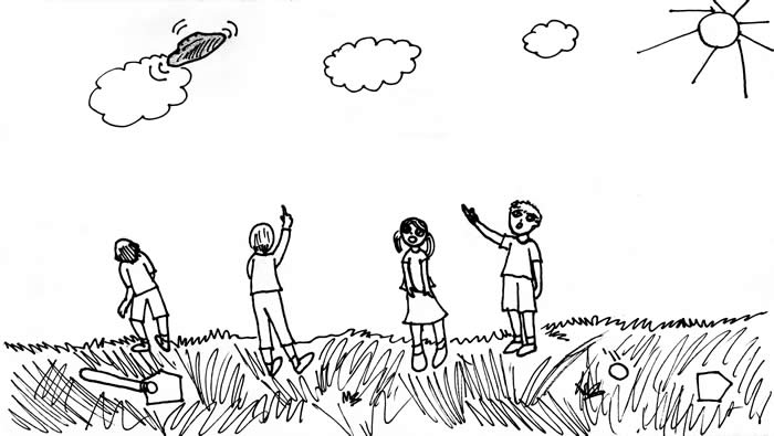 "Disk in the Sky" illustration by Rachel Liang: Children playing ball in a field stop and point at a disk-shaped object in the sky