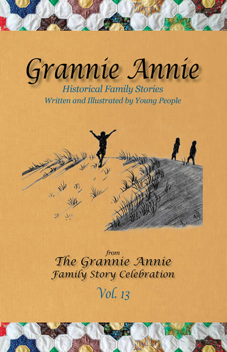 Grannie Annie, Vol. 13 cover: Marigold background with Grannie quilt border, featuring student drawing of children playing on a sand dune
