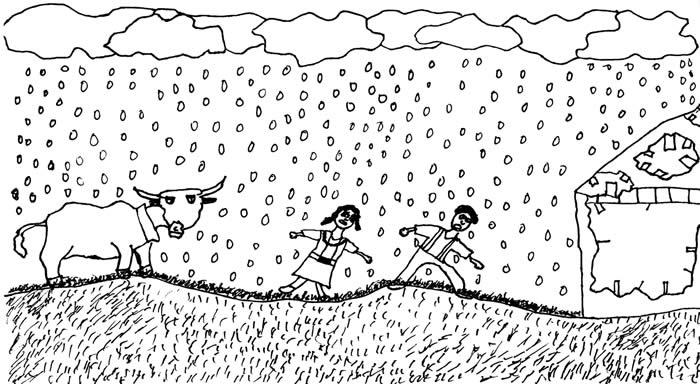 "How a Bull Taught Me to Shave" illustration, by Lawson Holestine: A bull chases two people in the rain, and they run toward a falling-down house.