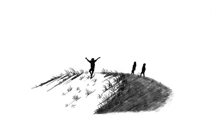"SOS - Saving Our Sand Dune" illustration, by Janessa Hoffmann: Silhouettes of three children playing on a sand dune.