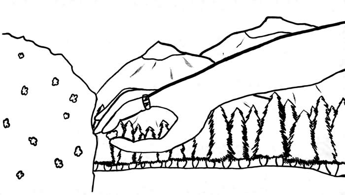 "A Single Ring" illustration, by Jasmine Flowers: With mountains in the background, a hand wearing a ring picks a berry off a bush