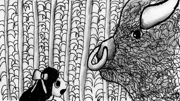 "A Wrong Turn" illustration, by Yuka Iwasawa: A young girl in a cornfield is face-to-face with a large bull.