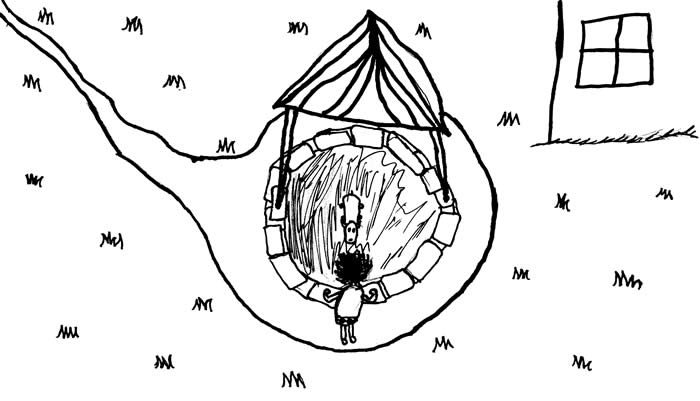 "A Bad Day for More Than the Goat" - Illustrated by Lily J. Bredemeier: A person peers down into a well as a goat looks up from the depths of the well