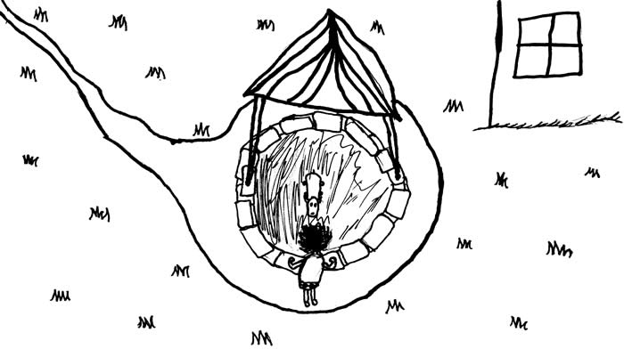 "A Bad Day for More Than the Goat" - Illustrated by Lily J. Bredemeier: A person peers down into a well as a goat looks up from the depths of the well