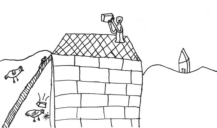 "Bricks vs. Chickens" illustration by B. B. Williams "Bricks vs. Chickens" illustration by B. B. Williams: Boy on the roof of a chicken coop, with a brick in his hand.