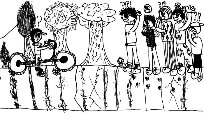 "Cold-Blooded Savior" illustration "Cold-Blooded Savior" illustration: A boy is riding his bike with his pet snake around his neck when he meets a threatening gang..