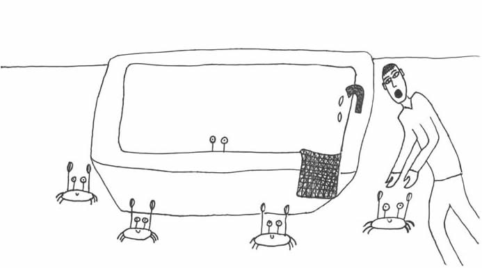 "A Crabby Story" illustration "A Crabby Story" illustration: A boy is alarmed to find escaped crabs near the bathtub.
