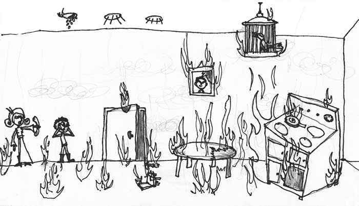 "The Fire Bird" illustration by Christian Bigler "The Fire Bird" illustration by Christian Bigler: A family hurries out the door as a kitchen stove, table, chair, bird cage, and floor are covered in flames.