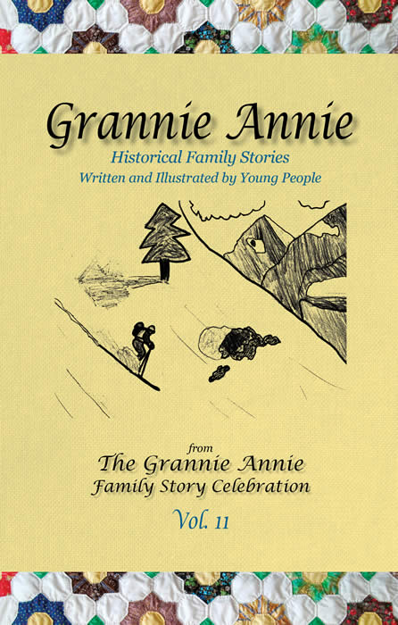 Grannie Annie, Vol. 11, book cover: Goldenrod with quilt borders; student illustration of a skier on a mountainside