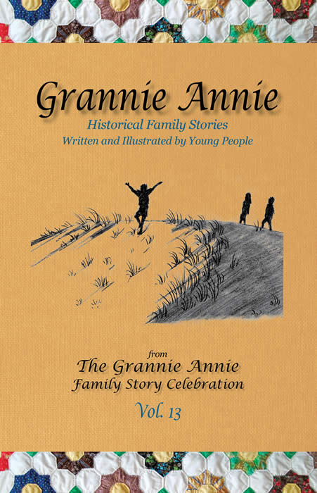 Grannie Annie, Vol. 13 cover: Marigold background with Grannie quilt border, featuring student drawing of children playing on a sand dune