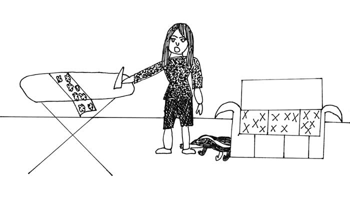 "His Name Was Alfie" illustration by Nautica Fowle "His Name Was Alfie" illustration by Nautica Fowle: Alfie the pet skunk reaches a paw into Mom's shoe as she is ironing, and scratches the bottom of her foot. Ouch!