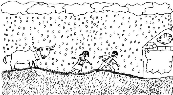 "How a Bull Taught Me to Shave" illustration, by Lawson Holestine "How a Bull Taught Me to Shave" illustration, by Lawson Holestine: A bull chases two people in the rain, and they run toward a falling-down house.