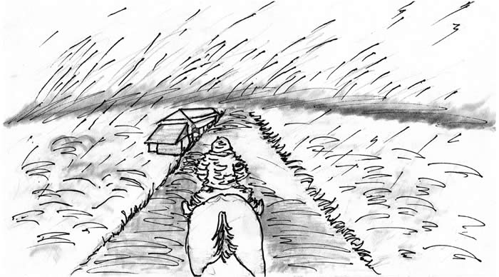 "Just One Light" illustration, by Evan Yang "Just One Light" illustration, by Evan Yang: A man on horseback heads down a road as a blizzard deepens around him