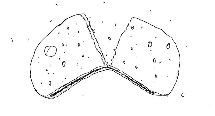 "Kindness in Darkness" illustration, by Cameron Churchich "Kindness in Darkness" illustration, by Cameron Churchich: slice of bread broken in half, with crumbs flying off all around