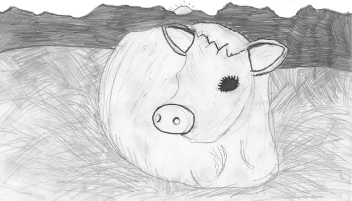 "Lali--The Legend" illustration by Regan Carpenter: Calf resting on a bed of straw, mountains in the background
