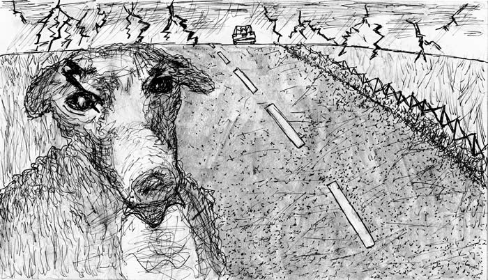 "Lost and Found" illustration by Joshua C. Bowman "Lost and Found" illustration by Joshua C. Bowman: A dog sits forlorn at the side of a road as a car drives off toward the mountains.