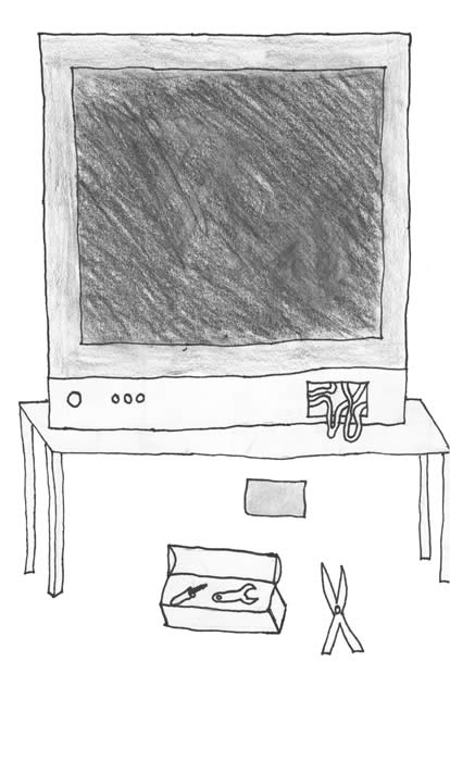 "The Magical Box" illustration by Teagan LeVar "The Magical Box" illustration by Teagan LeVar: TV with a blank screen and wires protruding, and a tool box nearby.