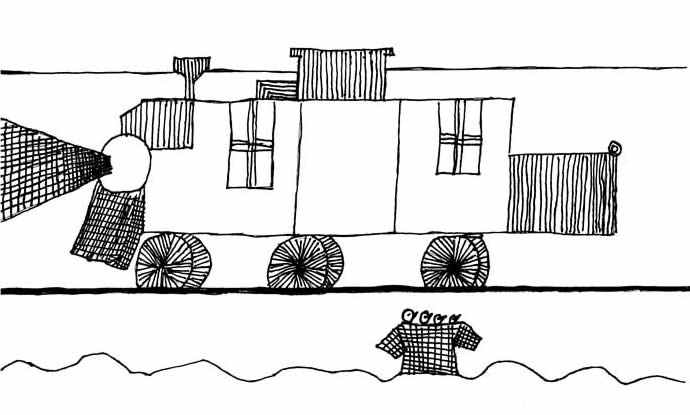 "The Man Who Saved the Chicks" illustration: A steam locomotive has dropped off a crate of chicks onto the snowy ground.