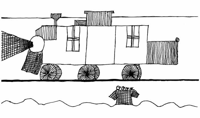"The Man Who Saved the Chicks" illustration "The Man Who Saved the Chicks" illustration: A steam locomotive has dropped off a crate of newly hatched chicks, onto the snowy ground.
