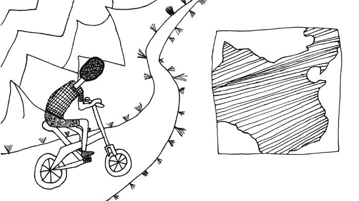 "My Father's Game of Dreams" illustration by Carissa Mitchell "My Father's Game of Dreams" illustration by Carissa Mitchell: A young boy on a bicycle comes around a curve in the road as he looks toward the mountains; off to the right is a map of China.