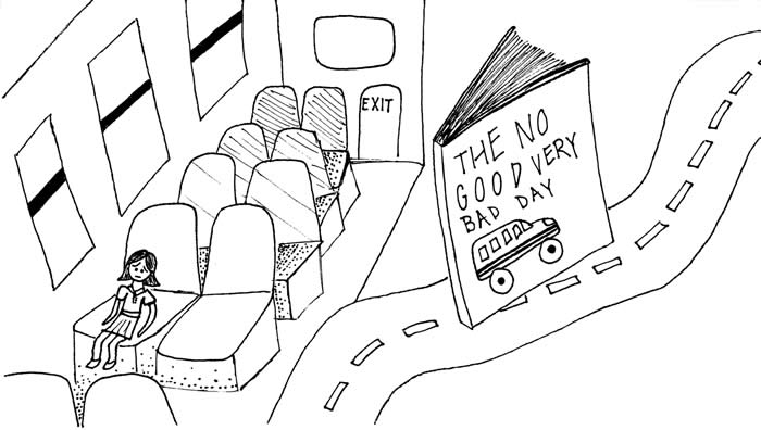 "The No Good Terrible Very Bad Day" illustration, by Mya Gray "The No Good Terrible Very Bad Day" illustration, by Mya Gray: One sad little girl sits alone on a school bus as the road stretches out behind her.