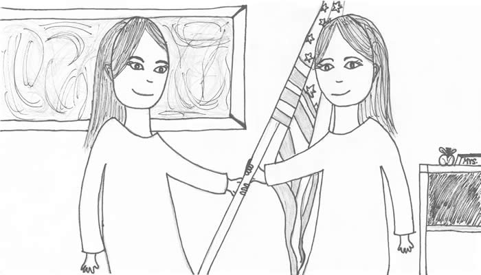 "Oh, Say Can You See" illustration by Abigail Ruckman: Twin girls in a classroom, holding the American flag