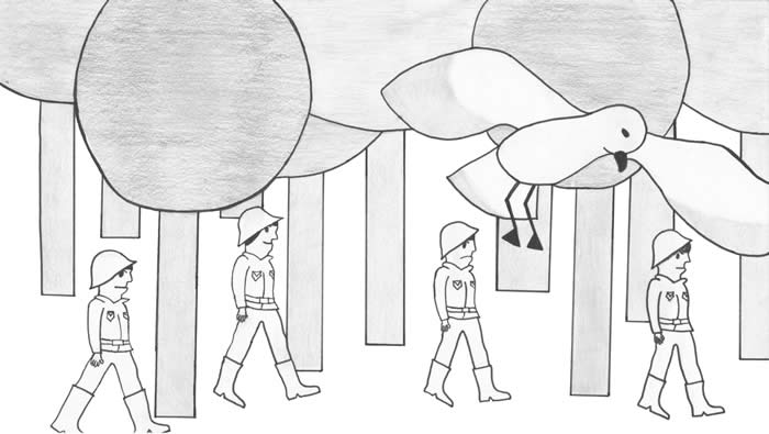 "Seagull, Sir" illustration by Alyssa Cannon: Soldiers marching through the woods, and a seagull flying overhead.