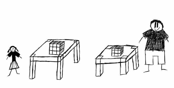 "Shame to Lose to You" illustration "Shame to Lose to You" illustration: A small girl and a college student stand next to two Rubik's cubes on two tables.