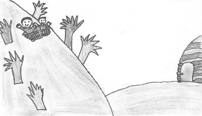 student drawing of children sledding