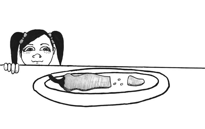 "The Twins and a Chili Pepper" illustration by Kylie Taliaferro "The Twins and a Chili Pepper" illustration by Kylie Taliaferro: A young girl with pigtails peers over the edge of a table at a chili pepper that has been sliced open, exposing several pepper seeds.