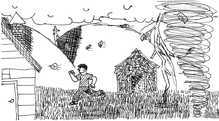 "The Tornado" illustration, by Walker Brand: A boy runs toward a house as a tornado churns behind him, spewing branches and leaves.